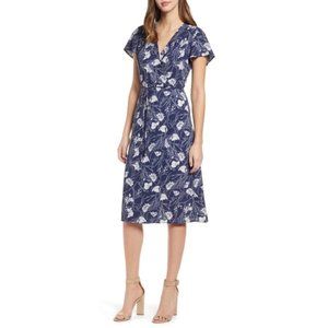 Leith Midi Wrap Dress Blue and White Floral Size M